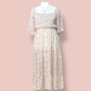 TEMOFON SMOCKED FLORAL MIDI DRESS SIZE LARGE